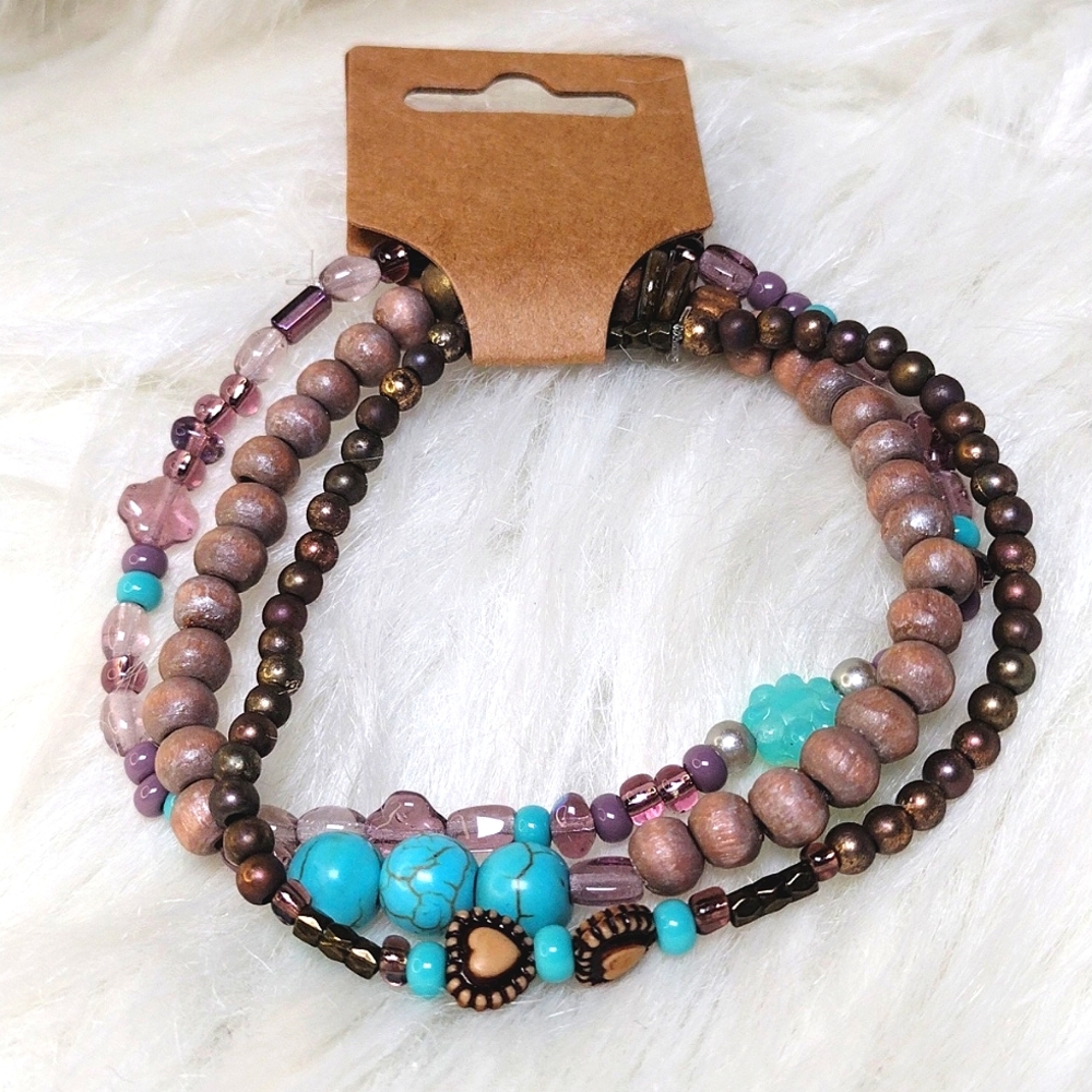 Handmade Beaded Bracelet Stack (3) Size 7"